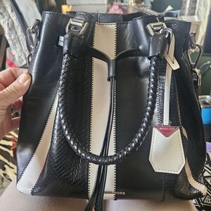 Michael Kors Black & Cream Leather Drawstring Tote with Braided Handles